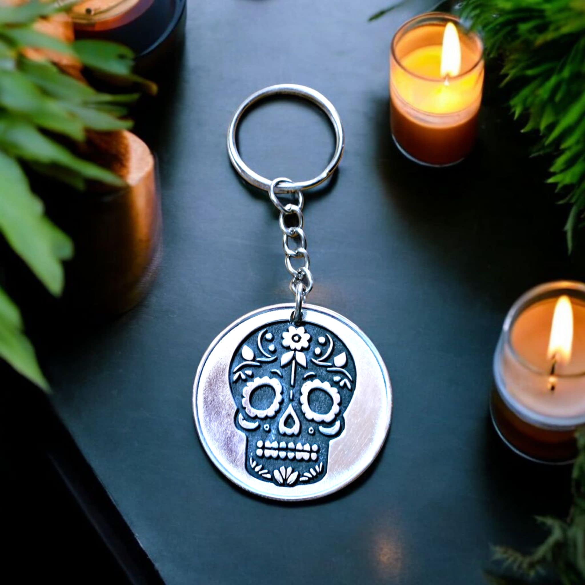 Sugar Skull Engraved Keychain